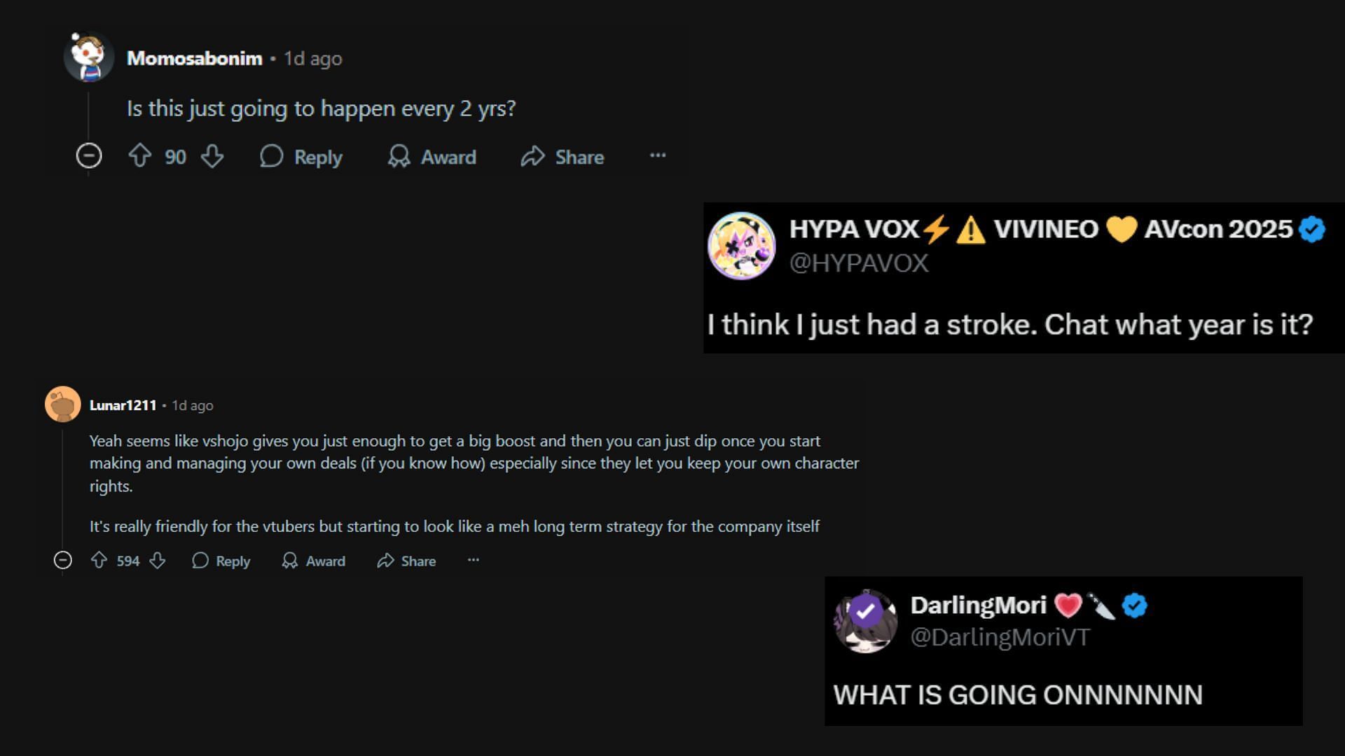 More community reactions from across Reddit and X (Images via r/VirtualYoutubers/Reddit, @VShojo/X)